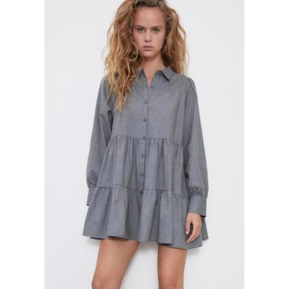 Zara Light Gray Tiered Smocked‎ Long Sleeve Babydoll Dress Sz M NWT